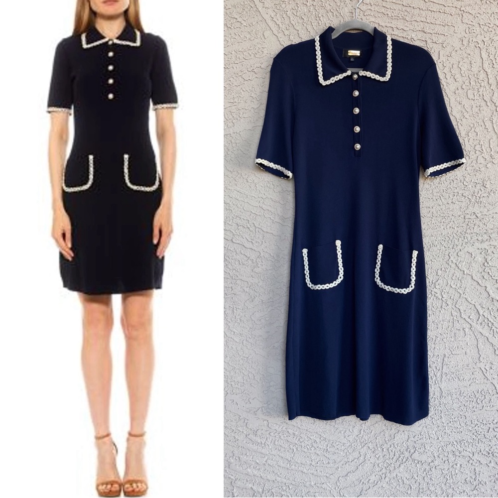 ALEXIA ADMOR Navy Knit Piper Dress w/ Pearl Buttons Embroidered Collar & Pockets - Picture 6 of 13